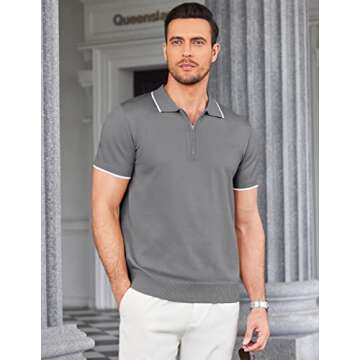 COOFANDY Men's Zipper Polo Shirt Casual Knit Short Sleeve Polo T Shirt Classic Fit Shirts Gray Large