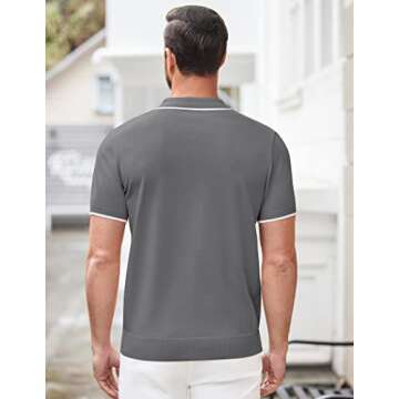 COOFANDY Men's Zipper Polo Shirt Casual Knit Short Sleeve Polo T Shirt Classic Fit Shirts Gray Large