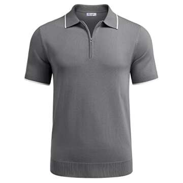COOFANDY Men's Zipper Polo Shirt Casual Knit Short Sleeve Polo T Shirt Classic Fit Shirts Gray Large