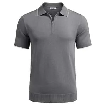 COOFANDY Men's Zipper Polo Shirt Casual Knit Short Sleeve Polo T Shirt Classic Fit Shirts Gray Large