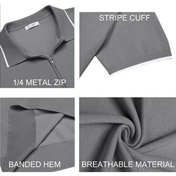 COOFANDY Men's Zipper Polo Shirt Casual Knit Short Sleeve Polo T Shirt Classic Fit Shirts Gray Large