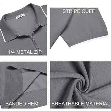 COOFANDY Men's Zipper Polo Shirt Casual Knit Short Sleeve Polo T Shirt Classic Fit Shirts Gray Large