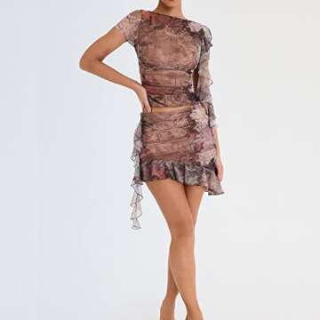 Women 2 Piece Ruffle Skirt Outfits Y2K Sheer Mesh Crop Top Bodycon Mini Skirt Set Sexy Irregular Tas...