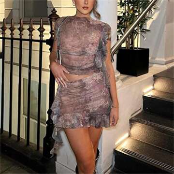 Women 2 Piece Ruffle Skirt Outfits Y2K Sheer Mesh Crop Top Bodycon Mini Skirt Set Sexy Irregular Tassel Skirt Suit