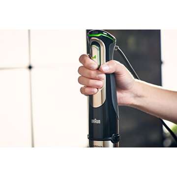 Braun 5-in-1 Immersion Hand Blender, Powerful 700W Stainless Steel Stick Blender, Variable Speed + 6-Cup Food Processor, Ice Crusher, Whisk, Beaker, Masher, Faster, Finer Blending, MultiQuick MQ9097