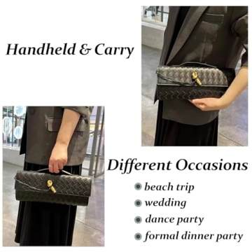 KUNGFUMA Women's for Woven Evening Bags Vegan Leather Clutch Handbags, Trendy Crossbody Bag Clutch Purses (Deep Green)