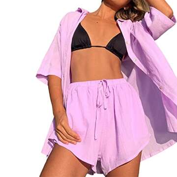 NUFIWI Women's Summer Casual 2 Piece Outfits Set Short Sleeve Collar Button T-Shirt Top Bodycon Shorts Set Y2K Streetwear (Z Solid Purple, L)