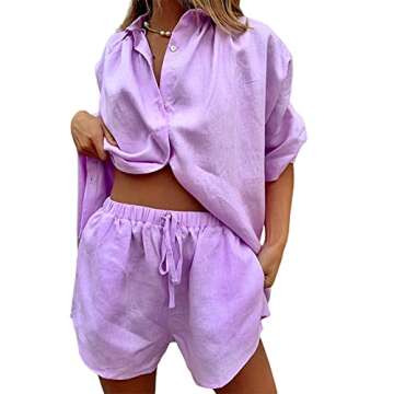NUFIWI Women's Summer Casual 2 Piece Outfits Set Short Sleeve Collar Button T-Shirt Top Bodycon Shorts Set Y2K Streetwear (Z Solid Purple, L)