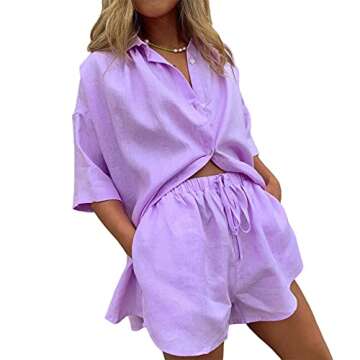 NUFIWI Women's Summer Casual 2 Piece Outfits Set Short Sleeve Collar Button T-Shirt Top Bodycon Shorts Set Y2K Streetwear (Z Solid Purple, L)
