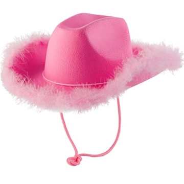 Pink Cowgirl Hat with Feather Boa - Cowboy Hat for Women, Teenage Girls with Fluffy Feather Brim for...