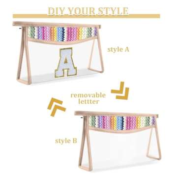 QFDS Boho Straw Clear Makeup Bag,Small Cute Chenille Letter Bag With Zipper,Waterproof Travel Toiletry Bag,Portable Sunscreen Cosmetic Bag,Clear Snack Bag at Disney World for Women Girls (A)