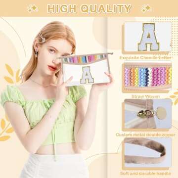 QFDS Boho Straw Clear Makeup Bag,Small Cute Chenille Letter Bag With Zipper,Waterproof Travel Toiletry Bag,Portable Sunscreen Cosmetic Bag,Clear Snack Bag at Disney World for Women Girls (A)