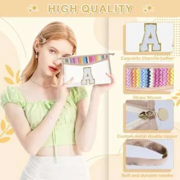 QFDS Boho Straw Clear Makeup Bag,Small Cute Chenille Letter Bag With Zipper,Waterproof Travel Toiletry Bag,Portable Sunscreen Cosmetic Bag,Clear Snack Bag at Disney World for Women Girls (A)