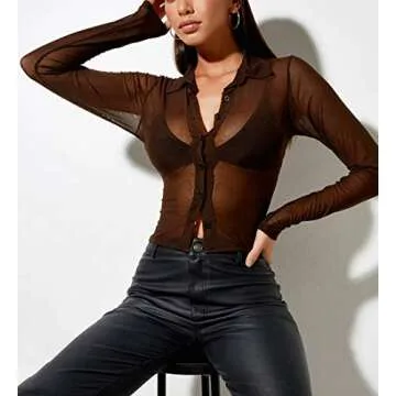 MISSACTIVER Women Sexy See Through Mesh Crop Shirts Tie Dye Button Down Long Sleeve Casual Crop Shirt Tee Top Blouse(Small,Brown)