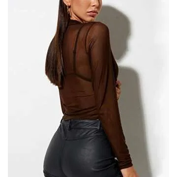 MISSACTIVER Women Sexy See Through Mesh Crop Shirts Tie Dye Button Down Long Sleeve Casual Crop Shirt Tee Top Blouse(Small,Brown)