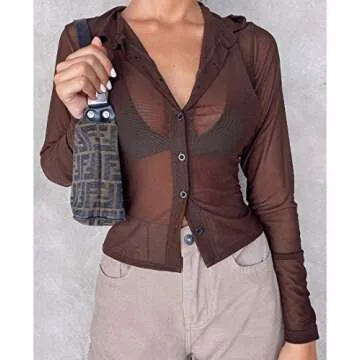 MISSACTIVER Women Sexy See Through Mesh Crop Shirts Tie Dye Button Down Long Sleeve Casual Crop Shirt Tee Top Blouse(Small,Brown)