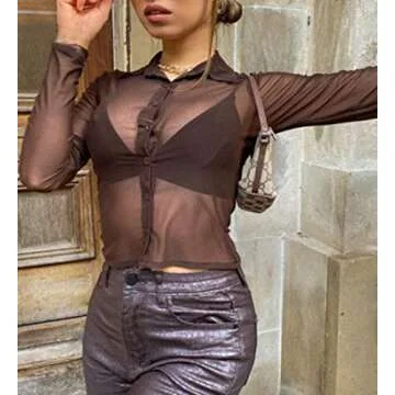 MISSACTIVER Women Sexy See Through Mesh Crop Shirts Tie Dye Button Down Long Sleeve Casual Crop Shirt Tee Top Blouse(Small,Brown)