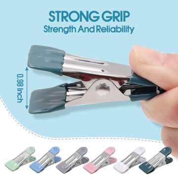 Clothes Pins Heavy Duty 30 Pack, 2.17 Inch Metal Chip Clips, Clothespins for Photo Drying Clothesline Laundry Sock, Bag Clips for Food Kitchen Stainless Steel with Rubber, 6 Colors