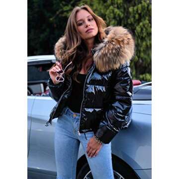 Roiii Women Winter Warm Down Jacket Thick Slim Flash Coat Down Outdoor Hood Parka Short Slim Jacket Black