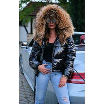 Roiii Women Winter Warm Down Jacket Thick Slim Flash Coat Down Outdoor Hood Parka Short Slim Jacket Black