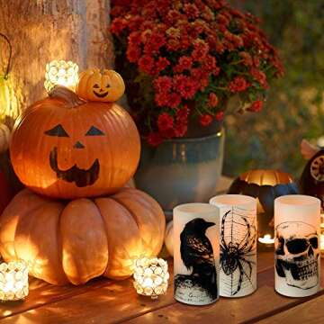DRomance Halloween Flameless Flickering Candles Battery Operated with 6 Hour Timer White Real Wax Spooky LED Pillar Candles Skull Spider Crown Decals Hallloween Indoor Decor(3 x 6 Inches)