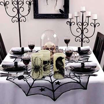 DRomance Halloween Flameless Flickering Candles Battery Operated with 6 Hour Timer White Real Wax Spooky LED Pillar Candles Skull Spider Crown Decals Hallloween Indoor Decor(3 x 6 Inches)