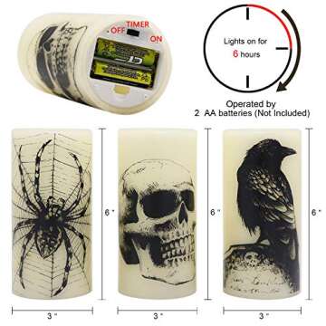 DRomance Halloween Flameless Flickering Candles Battery Operated with 6 Hour Timer White Real Wax Spooky LED Pillar Candles Skull Spider Crown Decals Hallloween Indoor Decor(3 x 6 Inches)