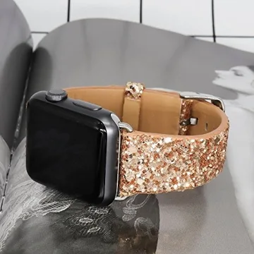 JOHIPI Bling Glitter Leather Strap Apple Watch Rose Gold