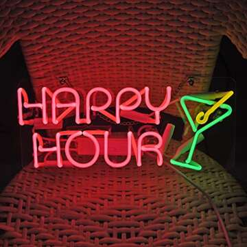 Neon Signs Cocktails Happy Hour Beer Bar Bedroom Art Light Handmade Glass Neon Lights Sign for Bedroom Home Office Hotel Pub Cafe Recreation Room Wall Decor Light