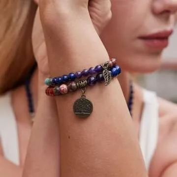 Bivei Natural Semi Precious Gemstone Beads Bracelet for Women - Life Tree and Leaf Charm Chakra Ener...