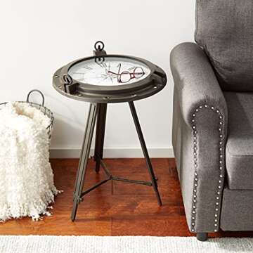 Urban Designs Industrial Porthole Metal Round Clock Coffee & End Table - Brown