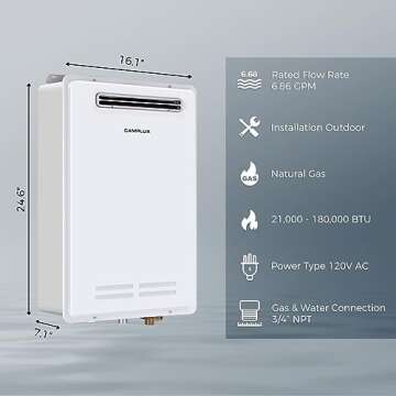 CAMPLUX Tankless Water Heater Gas Outdoor 199,000 BTU, 6.86 GPM Instant On Demand Gas Tankless Hot W...