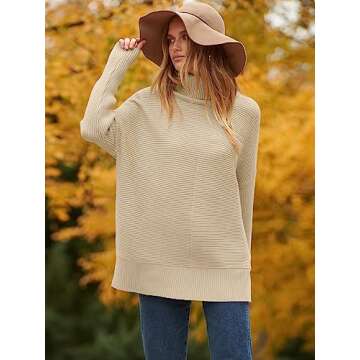 ANRABESS Women Oversized Turtleneck Long Batwing Sleeve Split Hem Pullover Knit Tunic Sweater Outfits 2024 Trendy Clothes