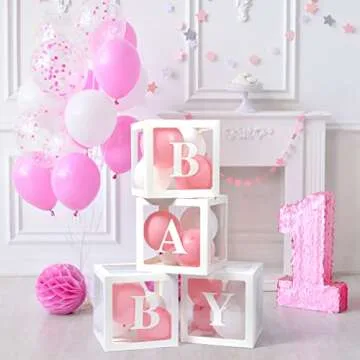 Voircoloria Baby Boxes with Letters, 4 Transparent Balloon for Gender Reveal Birthday Wedding Baby Shower Decorations (White)