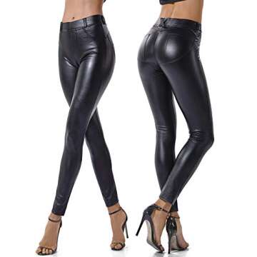 SEASUM Women's Faux Leather Leggings Pants PU Elastic Shaping Hip Push Up Black Sexy Stretchy High Waisted Tights M