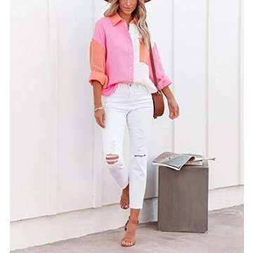 chouyatou Women's Color Block Long Sleeve Button Down Boyfriend Shirt Blouses (X-Large, Rose Red)