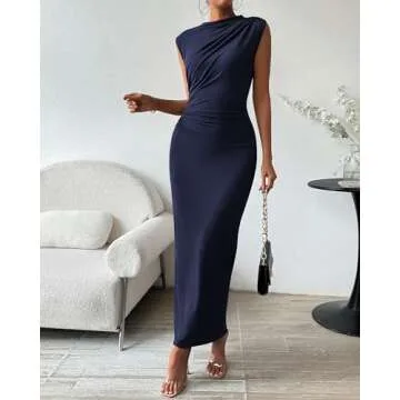 BTFBM Women's Ruched Bodycon Dress Summer Casual Sleeveless Back Slit Elegant Club Evening Party Cocktail Maxi Dresses(Solid Navy, X-Large)