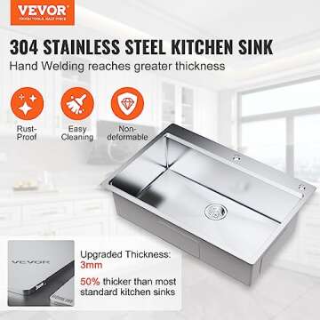 VEVOR Kitchen Sink, 304 Stainless Steel Drop-In Sinks, Top Mount Single Bowl Basin with Ledge and Ac...