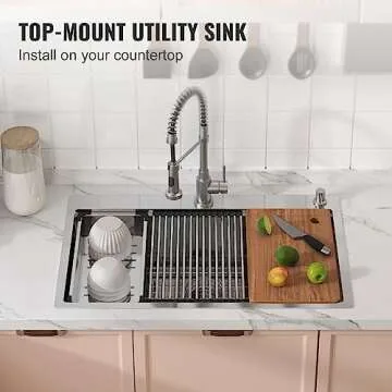 VEVOR Kitchen Sink, 304 Stainless Steel Drop-In Sinks, Top Mount Single Bowl Basin with Ledge and Accessories, Household Dishwasher Sinks for Workstation, RV, Prep Kitchen, and Bar Sink, 33 inch