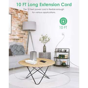 Power Strip - 10 FT Long Flat Plug Extension Cord, 6 Outlets 3 USB Ports Outlet Extender with Overload Protection, Wall Mount, Desktop Charging Station for Home, Office and Dorm Essential