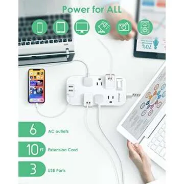 Power Strip - 10 FT Long Flat Plug Extension Cord, 6 Outlets 3 USB Ports Outlet Extender with Overload Protection, Wall Mount, Desktop Charging Station for Home, Office and Dorm Essential