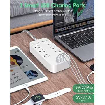 Power Strip - 10 FT Long Flat Plug Extension Cord, 6 Outlets 3 USB Ports Outlet Extender with Overload Protection, Wall Mount, Desktop Charging Station for Home, Office and Dorm Essential