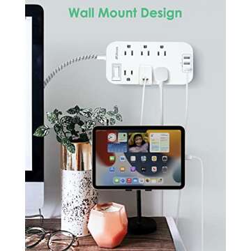 Power Strip - 10 FT Long Flat Plug Extension Cord, 6 Outlets 3 USB Ports Outlet Extender with Overload Protection, Wall Mount, Desktop Charging Station for Home, Office and Dorm Essential
