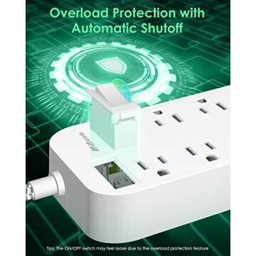 Power Strip - 10 FT Long Flat Plug Extension Cord, 6 Outlets 3 USB Ports Outlet Extender with Overload Protection, Wall Mount, Desktop Charging Station for Home, Office and Dorm Essential