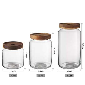 KMwares Set of 3 Clear Glass Food Jars/Canisters with Airtight Seal Acacia Wood Lids for Kitchen/Bat...