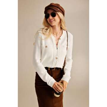 GRACE KARIN Women Long Sleeve Open Front Button Down Cardigan Women Knit Cardigan Sweaters White