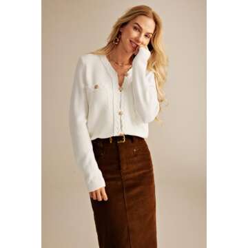 GRACE KARIN Women Long Sleeve Open Front Button Down Cardigan Women Knit Cardigan Sweaters White