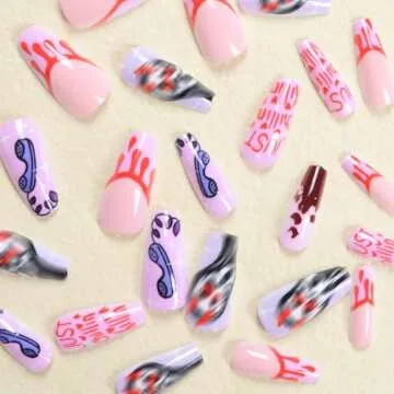 Halloween Press on Nails Medium Coffin Fake Nails Blood False Nails with Design Cute Ghost Glue on Nails Purple Coffin Full Cover Glossy Acrylic Stick on Nails for Women DIY Holiday Nail Decor 24Pcs