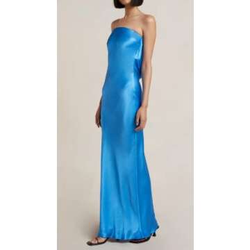 Argeousgor Women Moon Dance Strapless Dress Off Shoulder Long Tube Dresses Satin Party Dress Spaghetti Strap Fashion Dress C-Blue