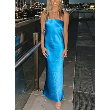 Argeousgor Women Moon Dance Strapless Dress Off Shoulder Long Tube Dresses Satin Party Dress Spaghetti Strap Fashion Dress C-Blue